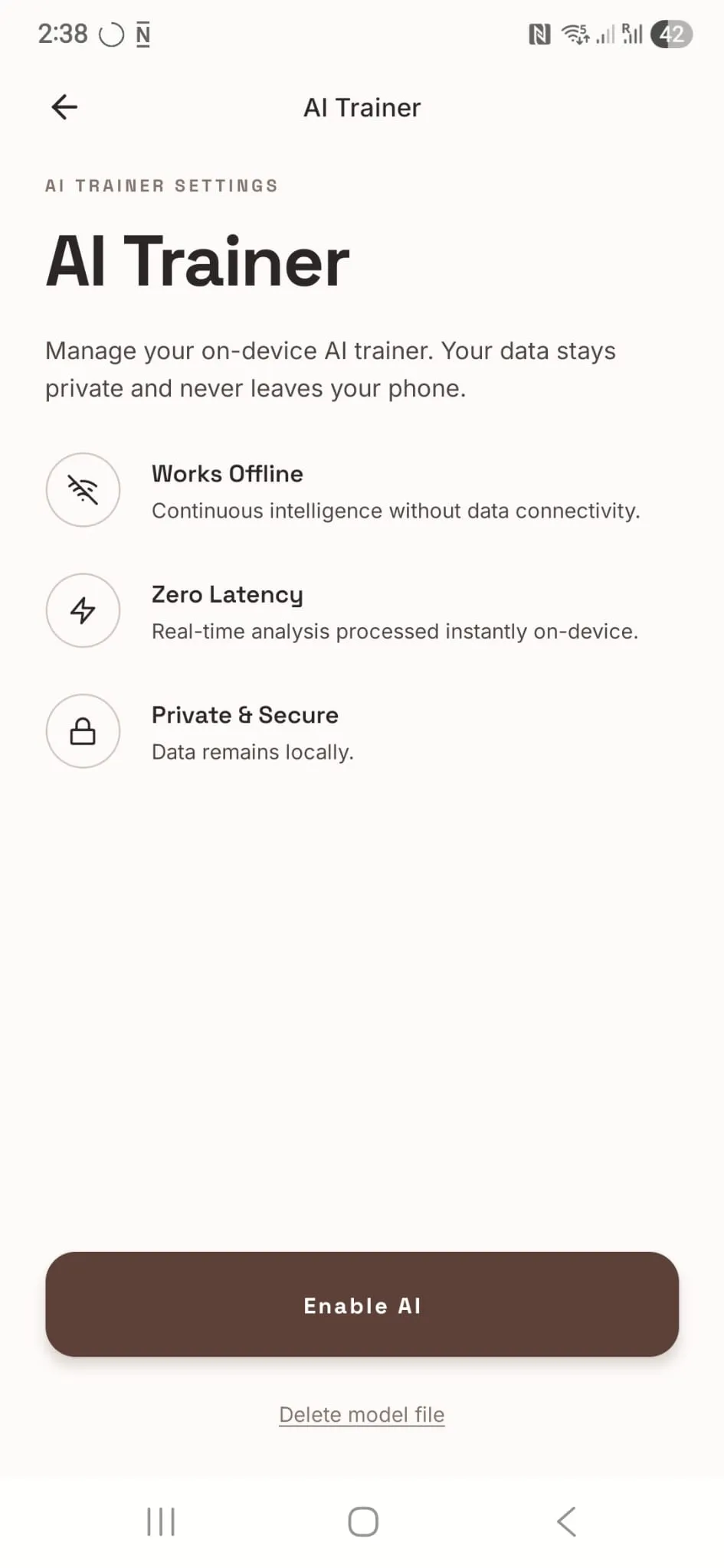 On-device AI companion screen showing private analysis indicators
