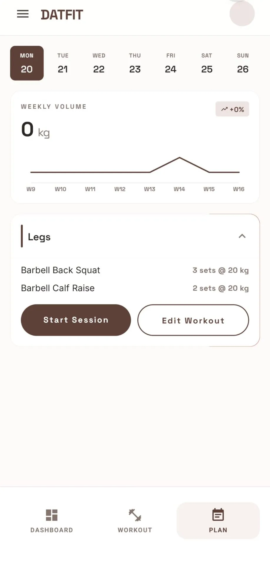 Datfit Plan tab showing weekly volume target and week calendar